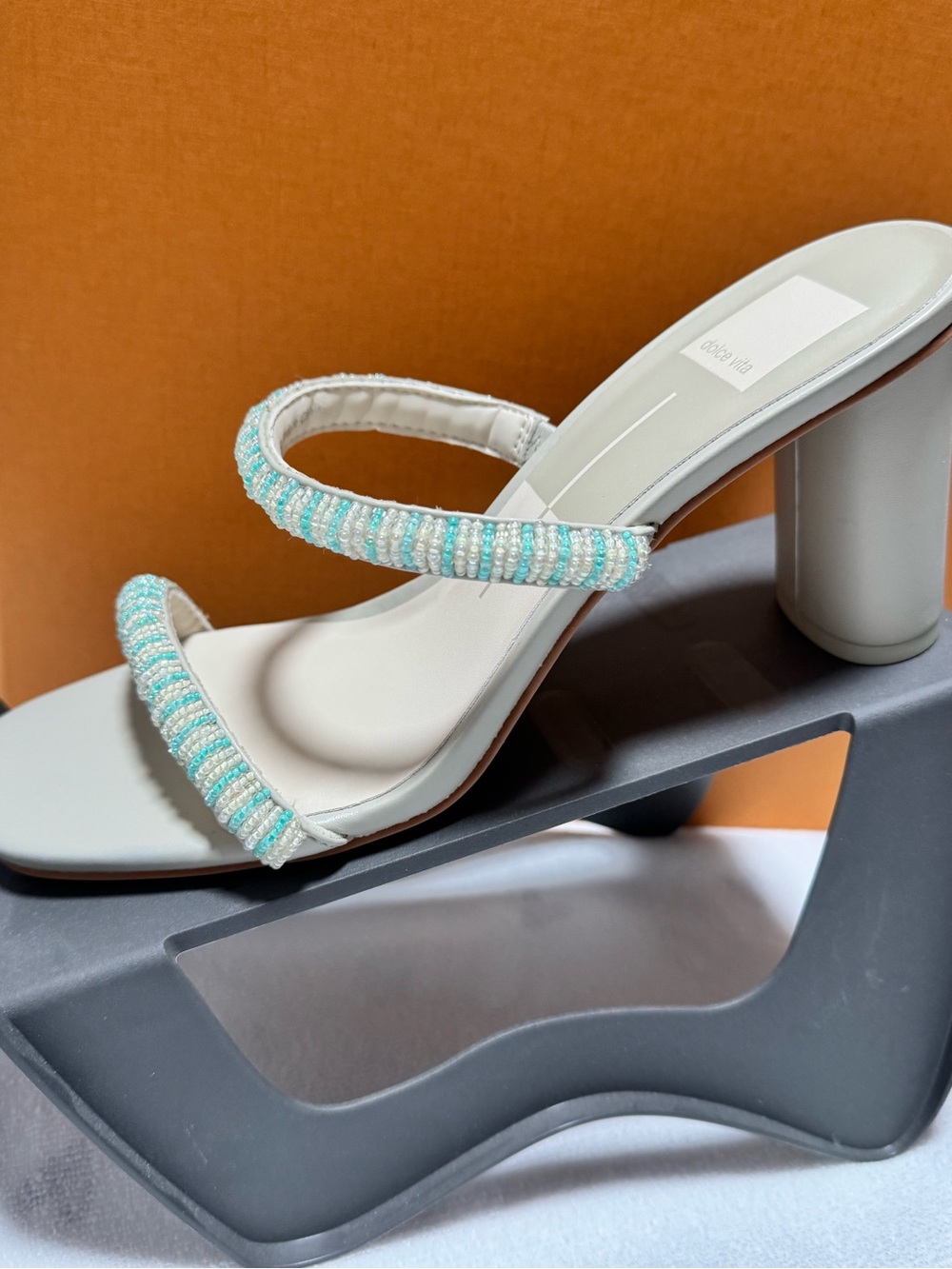 Dolce Vita White Heeled Sandal with Aqua Beaded Straps